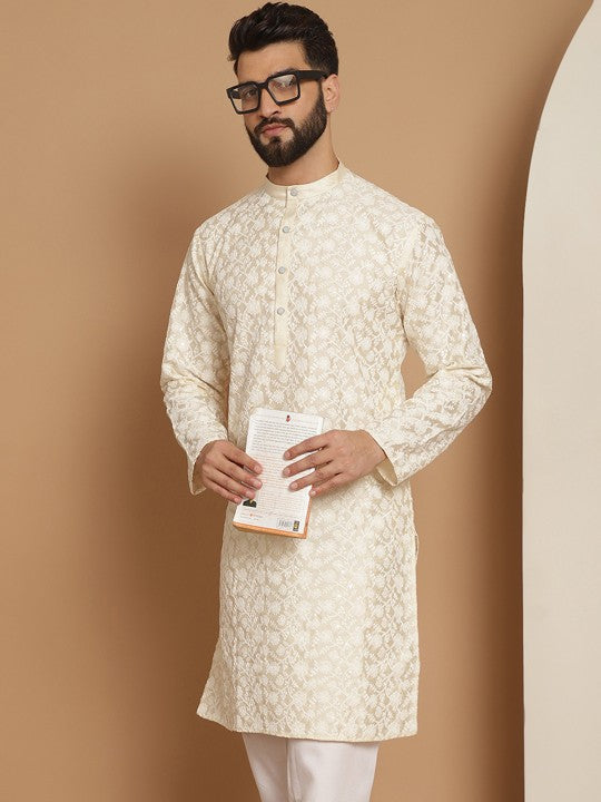 Men Cream‑Coloured Ethnic Motifs Thread‑Work Straight Kurta