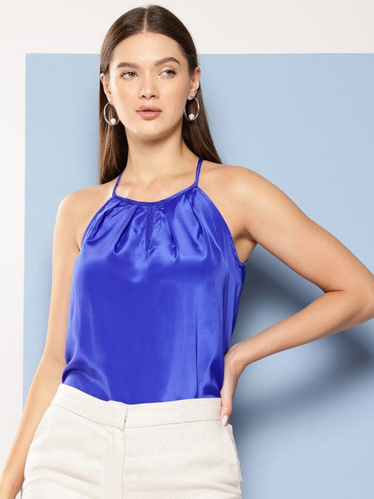 Solid Pleated Halter Neck Top