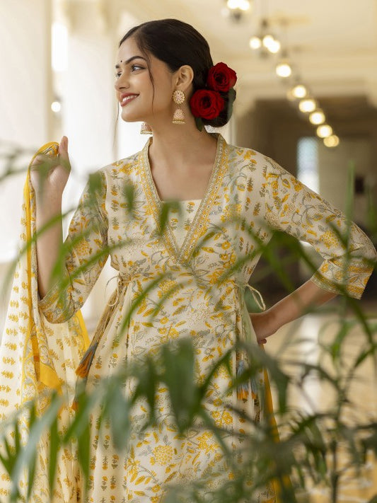 Floral Printed Sequined Mirror Work A‑Line Pure Cotton Kurta with Patiala & Dupatta