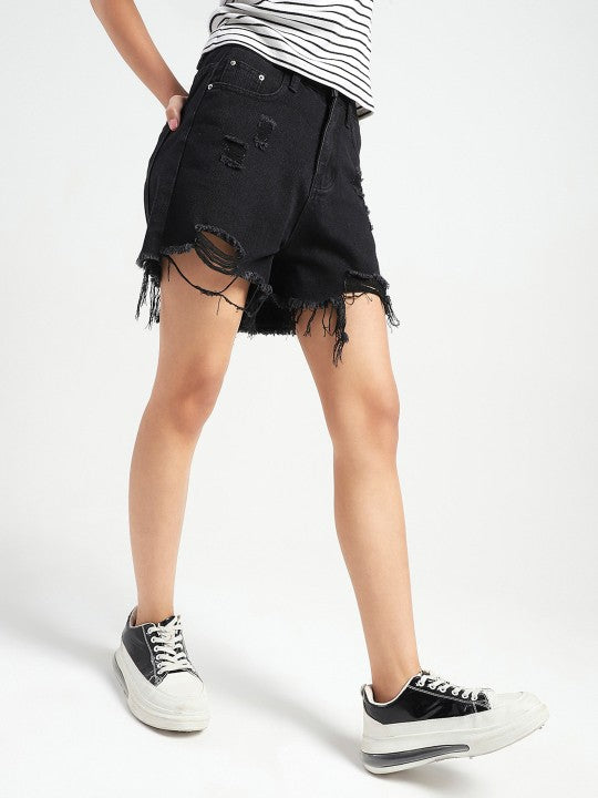 Frayed Hem Distressed Denim Shorts