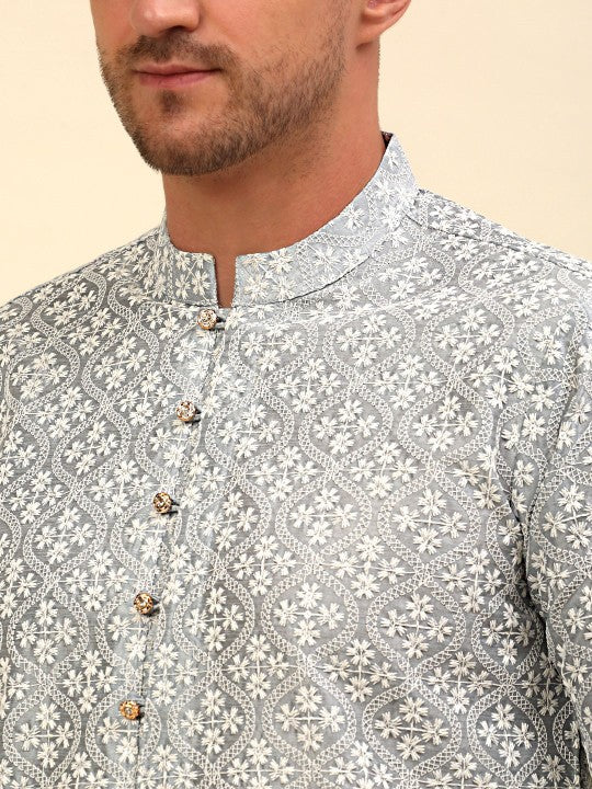 Grey & White Floral Embroidered Kurta