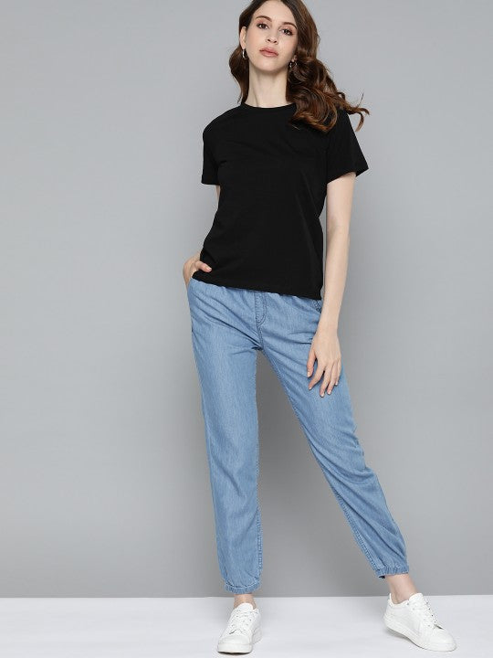 Women Blue Mid-Rise Washed Denim Joggers