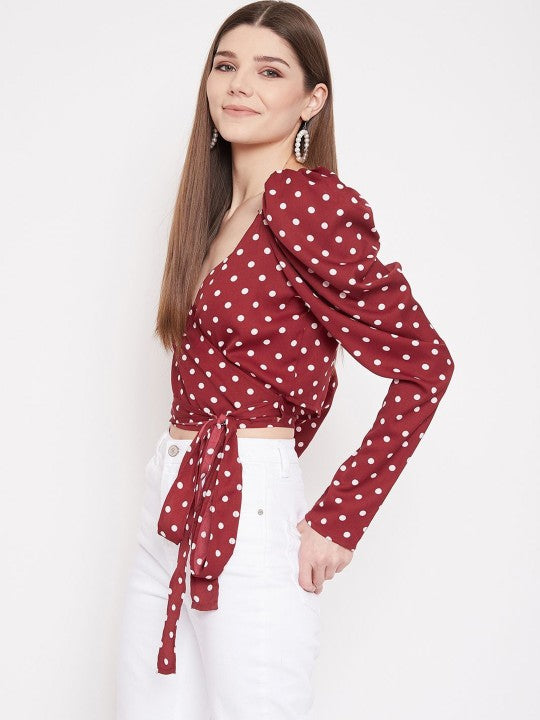 Polka Dot Print Puff Sleeve Wrap Crop Top