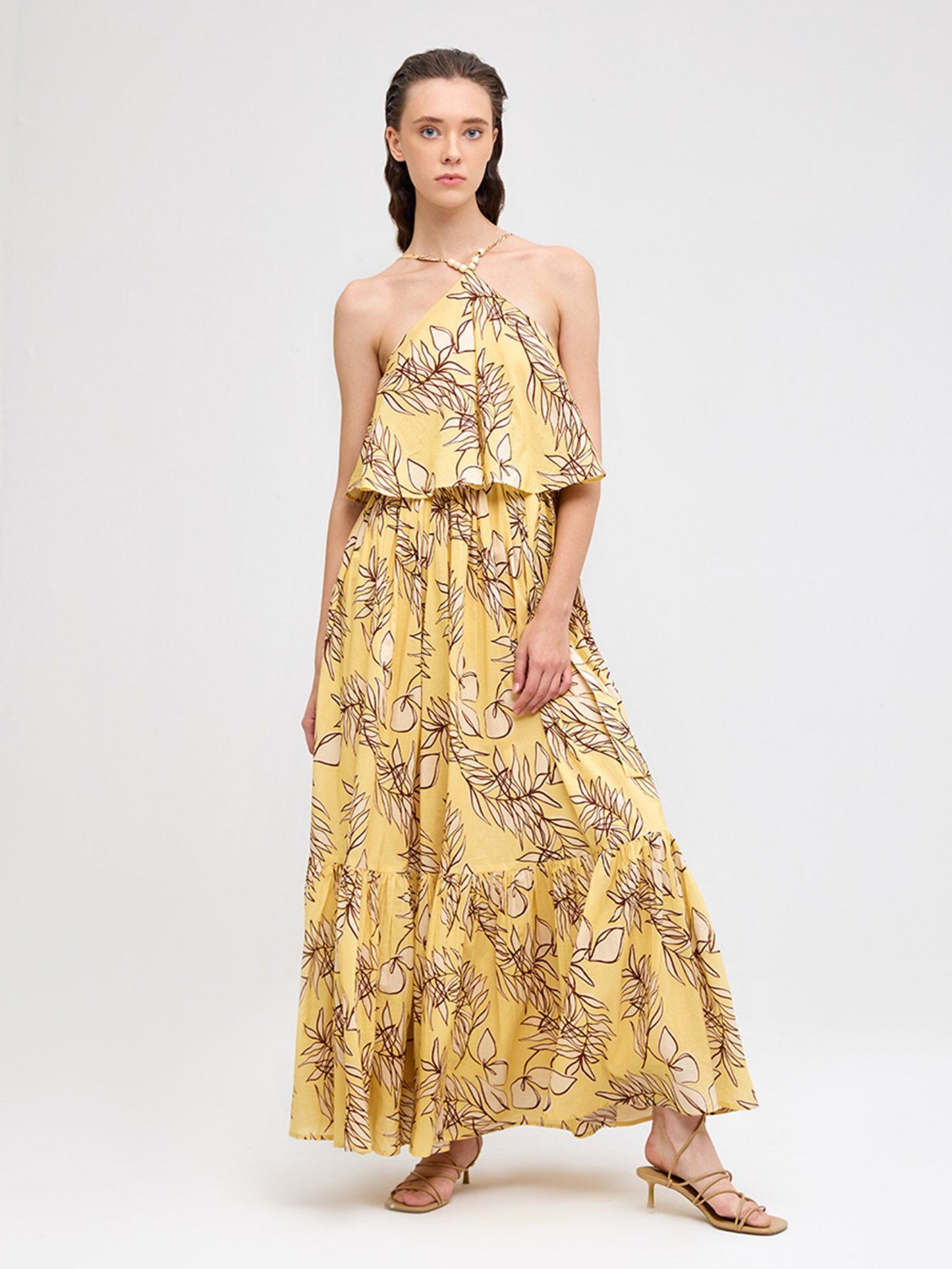 Cover Story Yellow Tropical Print Halter Neck Maxi Dress