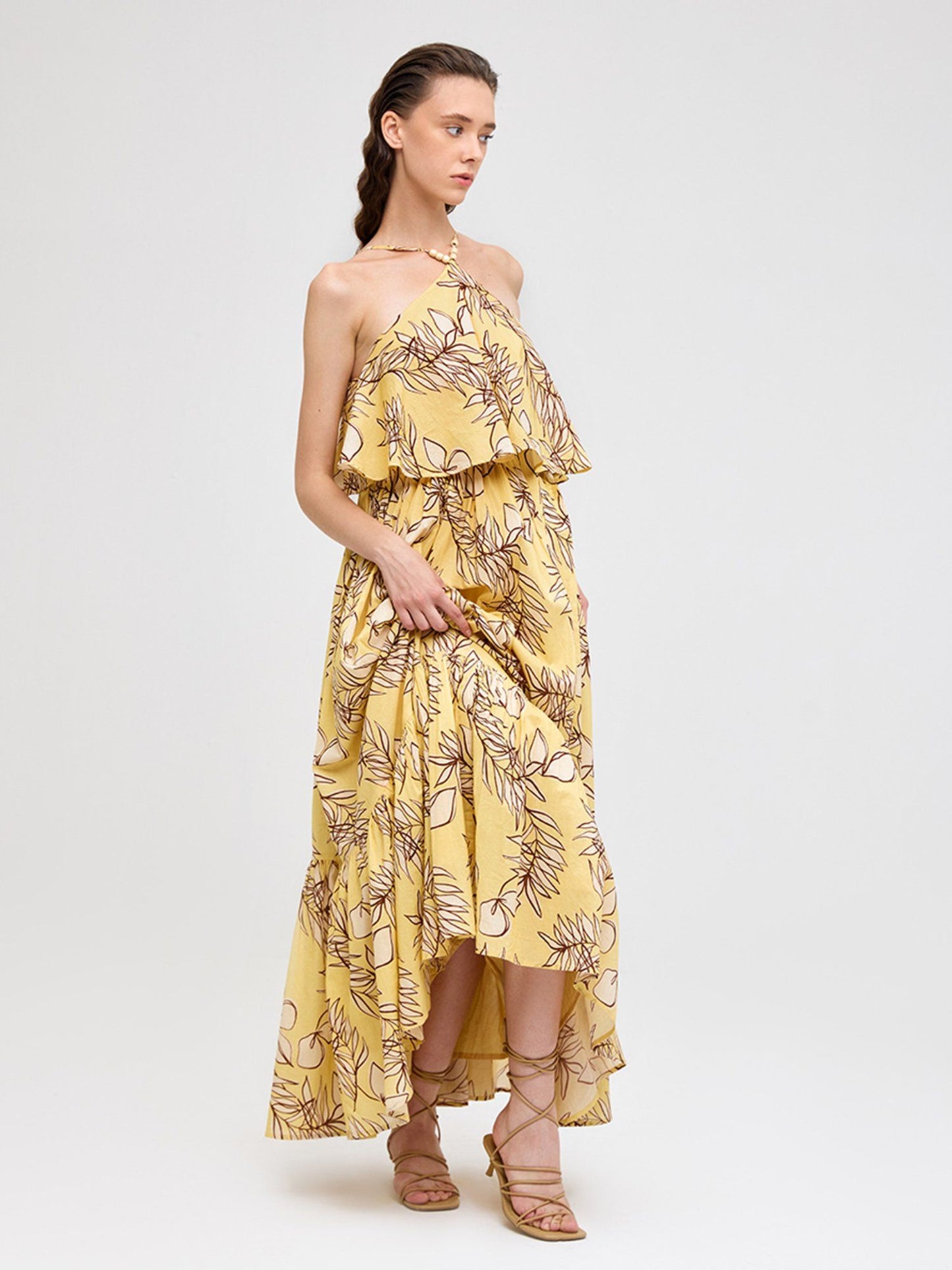 Cover Story Yellow Tropical Print Halter Neck Maxi Dress