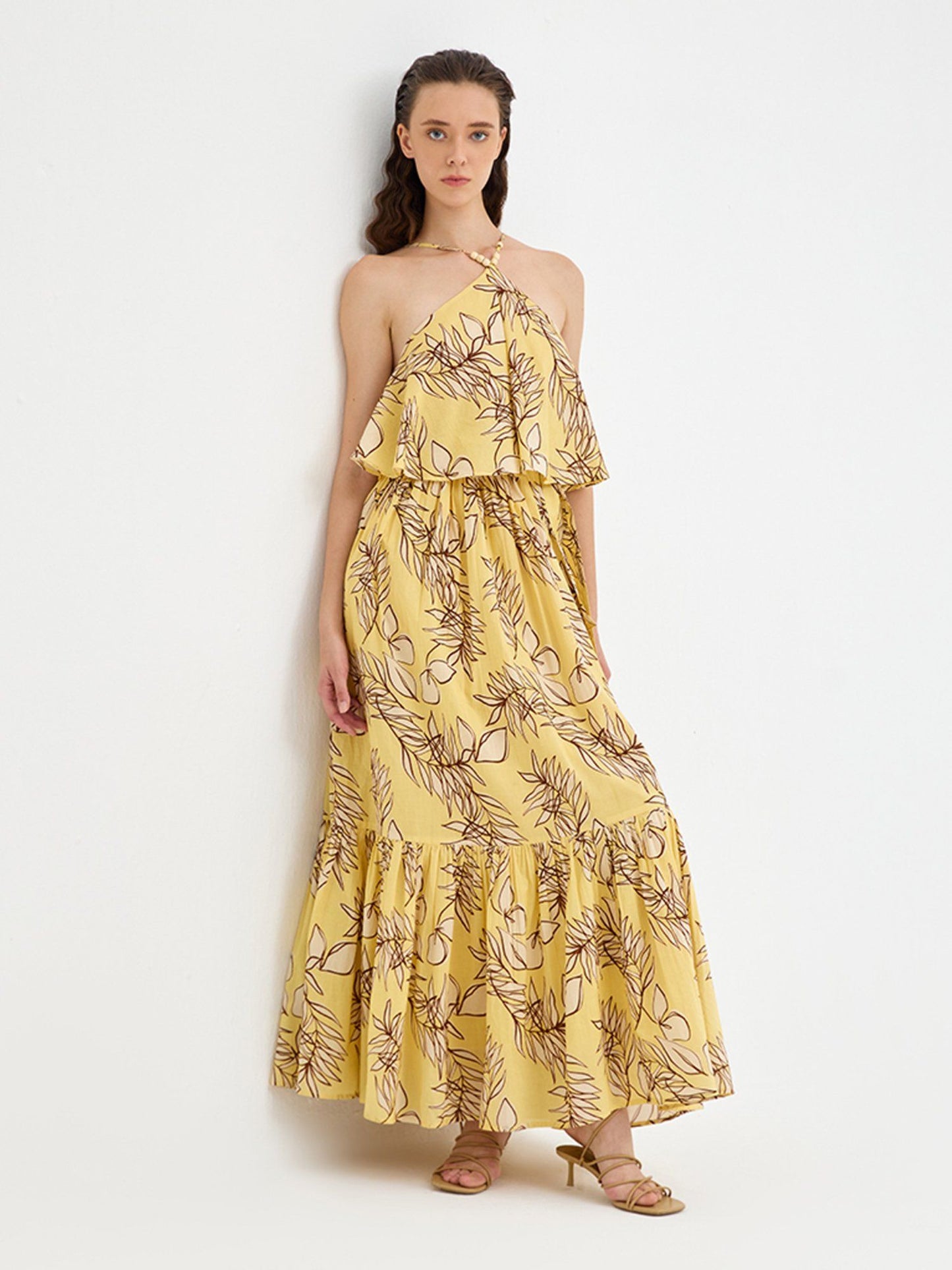 Cover Story Yellow Tropical Print Halter Neck Maxi Dress