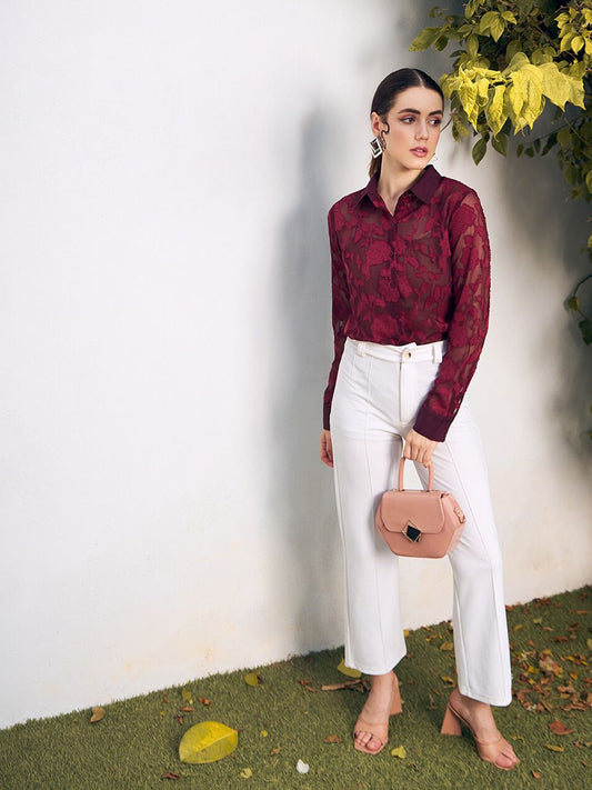 Maroon Self Design Spread Collar Casual Shirt