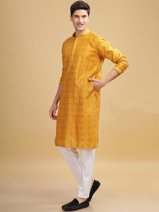 Yellow Ethnic Embroidered Mandarin‑Collar Sequinned Lucknowi Cotton Straight Kurta