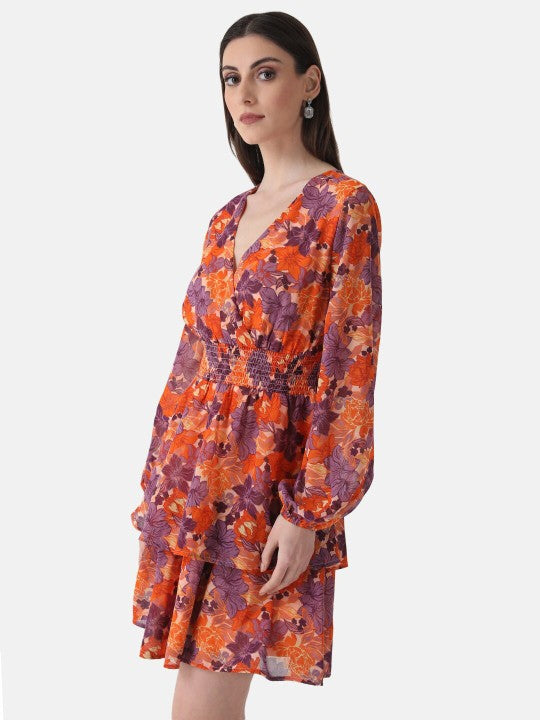 Floral Print V-Neck Smocked Georgette Wrap Dress