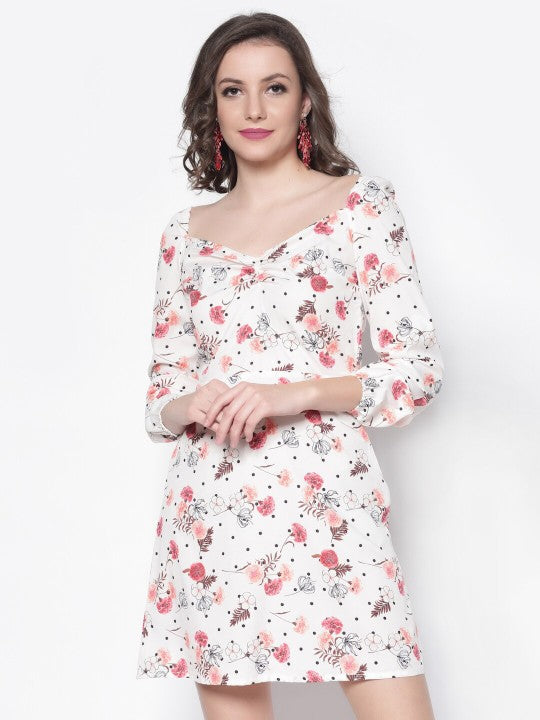 Floral Printed Sweetheart Neck Crepe A-Line Dress