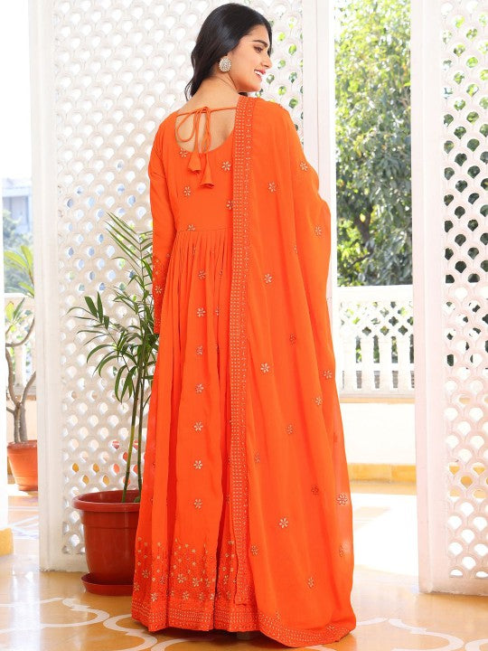 Embroidered Sequinned Round Neck Anarkali Kurta with Pyjamas & Dupatta
