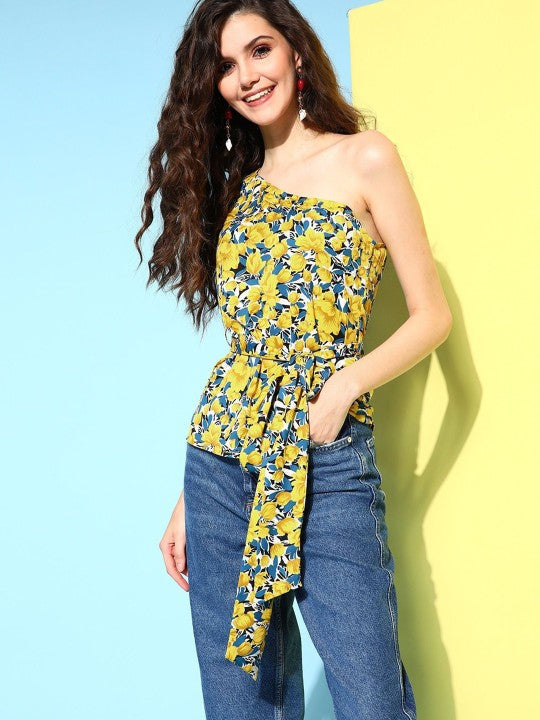 Floral Print One Shoulder Puff Sleeve Peplum Top
