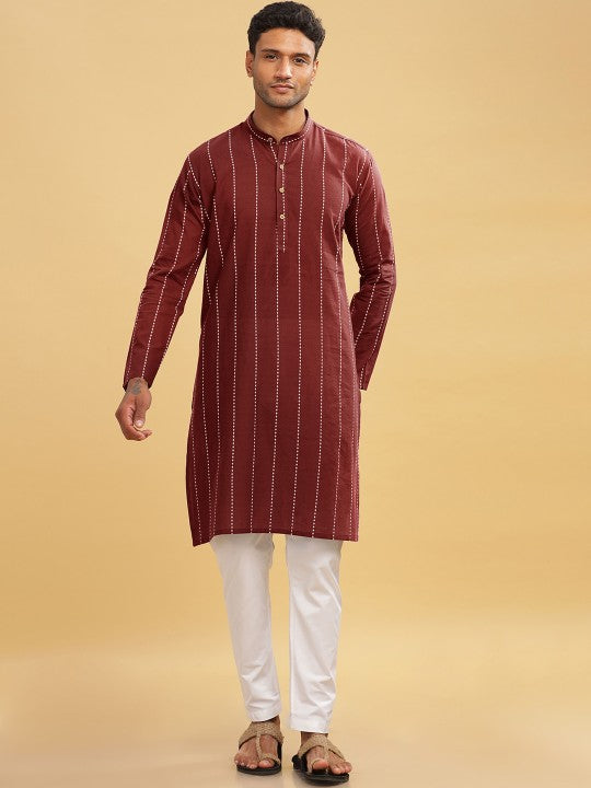 Maroon Striped Band Collar Straight Cotton Kurta