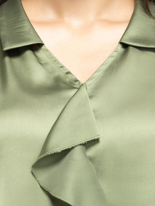 Women Spread Collar Satin Solid Long Sleeves Casual Top