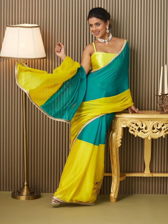 Colourblocked Beads and Stones Pure Chiffon Saree