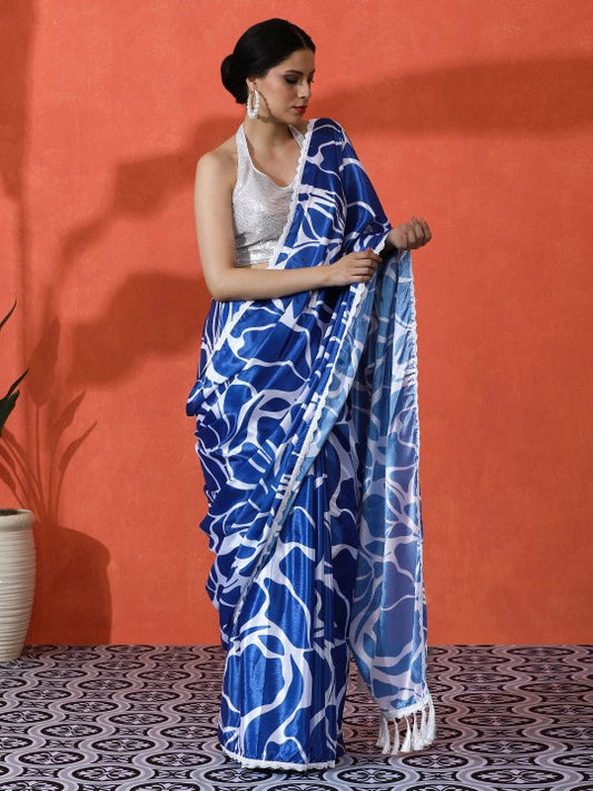 Embellished Floral Printed Digital Printed Satin Saree with Blouse Piece