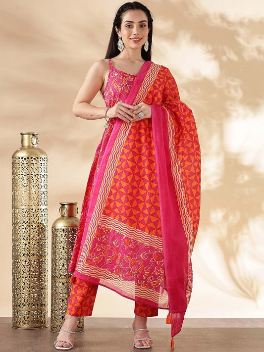 Pink Floral Printed Round Neck Pure Cotton Kurta with Trousers & Dupatta