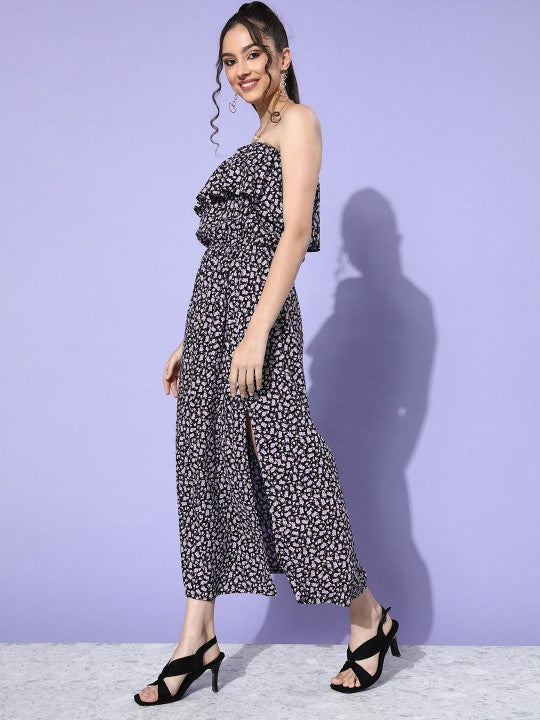 Print Off-Shoulder Ruffled A-Line Maxi Dress