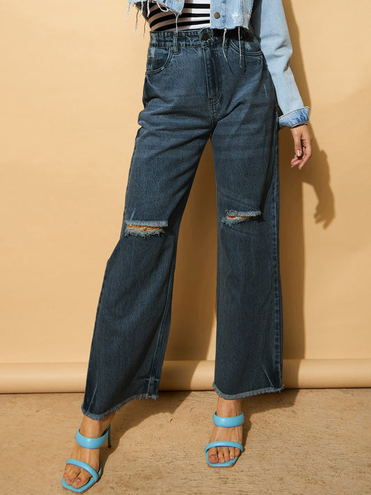 Women Navy Blue Distressed Slashed Knee Frayed Jeans
