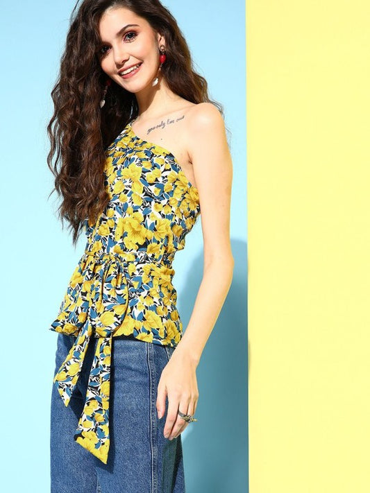 Floral Print One Shoulder Puff Sleeve Peplum Top