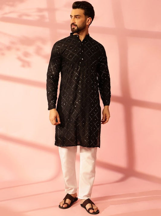 Men Embroidered Regular Mirror Work Pure Cotton Kurta with Pyjamas