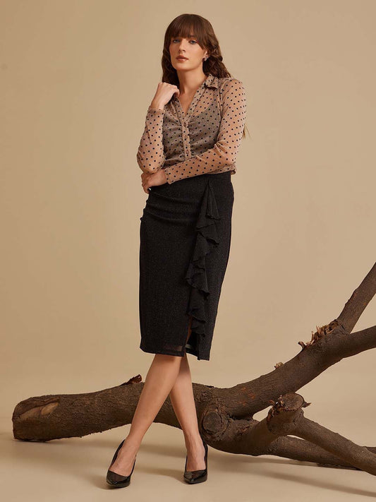 Women Polka Dots Printed Shirt Collar Top