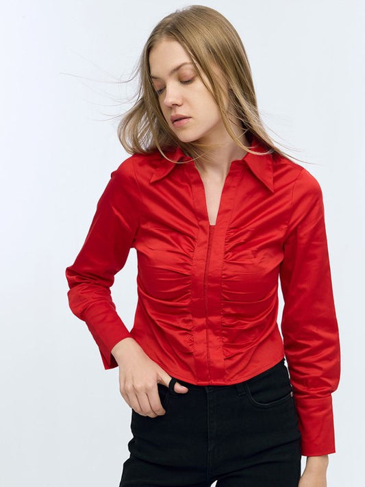 Women Cherry Red Ruched Front Casual Shirt