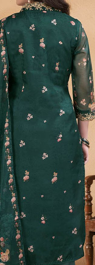 Dark Green Floral Printed Thread Work Straight Kurta with Trouser & Dupatta