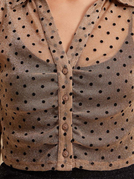 Women Polka Dots Printed Shirt Collar Top