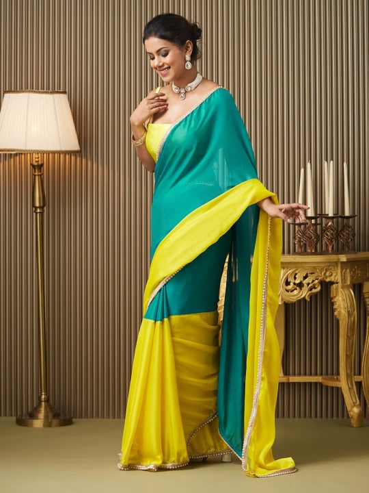 Colourblocked Beads and Stones Pure Chiffon Saree