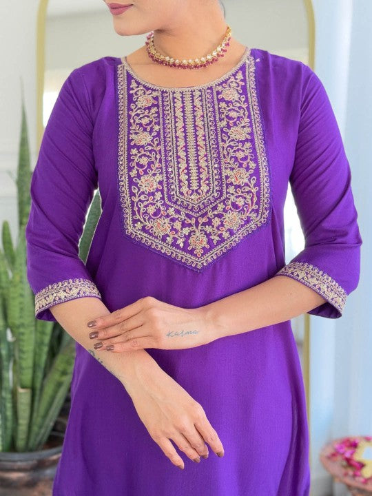 Floral Embroidered Sequinned Straight Kurta with Trouser & Dupatta