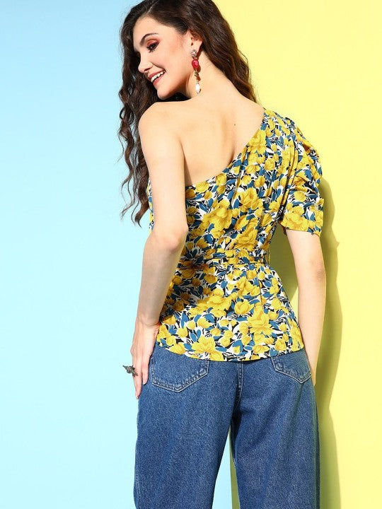 Floral Print One Shoulder Puff Sleeve Peplum Top