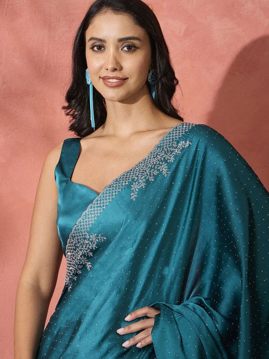 Embellished Satin Saree with Unstitched Blouse