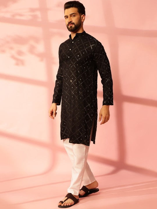 Men Embroidered Regular Mirror Work Pure Cotton Kurta with Pyjamas