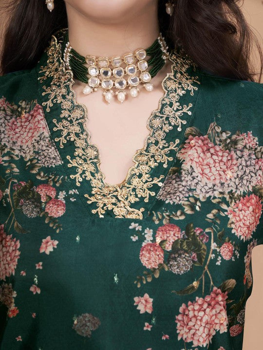 Dark Green Floral Printed Thread Work Straight Kurta with Trouser & Dupatta