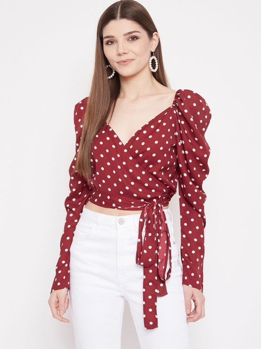 Polka Dot Print Puff Sleeve Wrap Crop Top