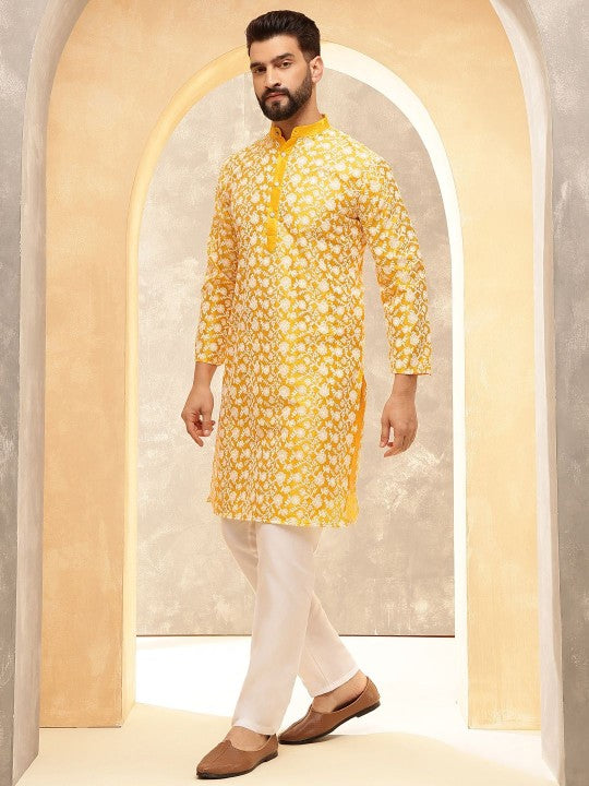 Mustard Floral Embroidered Mandarin‑Collar Straight Kurta with Pyjamas