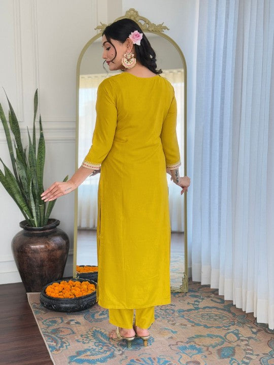Paisley Embroidered Sequinned Notch Neck Straight Kurta with Trouser & Dupatta
