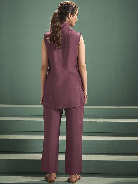 Mauve Embroidered Tunic with Trousers and Scarf