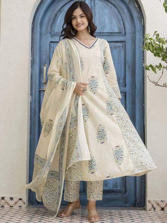 Floral Printed Pure Cotton A‑Line Kurta with Trousers & Dupatta