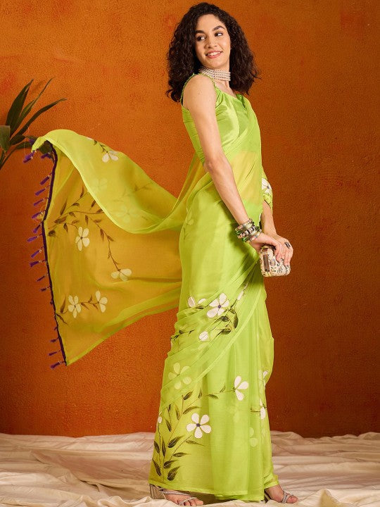 Rustic Floral Poly Chiffon Saree