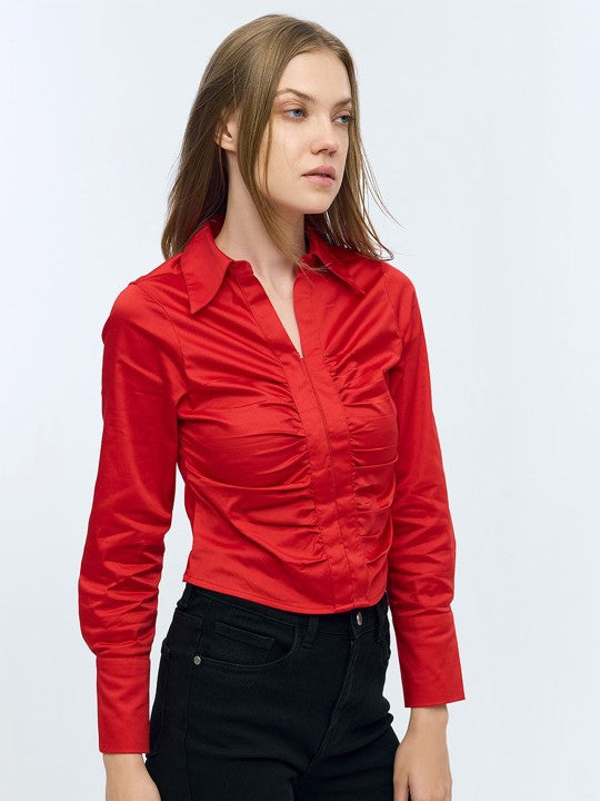 Women Cherry Red Ruched Front Casual Shirt