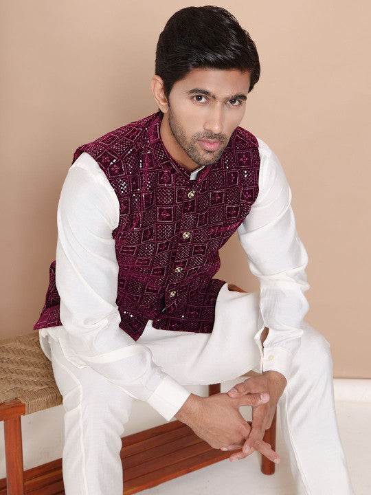 Sequin‑Embroidered Velvet Nehru Jacket