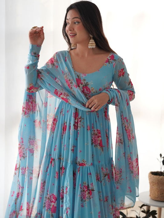 Floral Printed Anarkali Kurta with Trousers & Dupatta