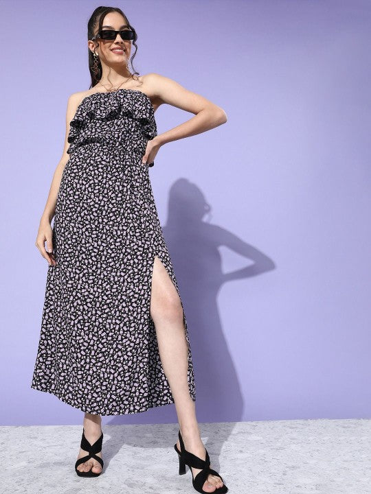 Print Off-Shoulder Ruffled A-Line Maxi Dress