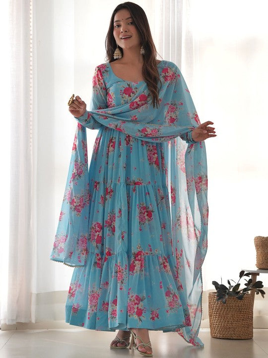 Floral Printed Anarkali Kurta with Trousers & Dupatta