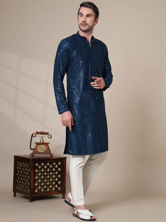 Men Geometric Embroidered Chikankari Kurta