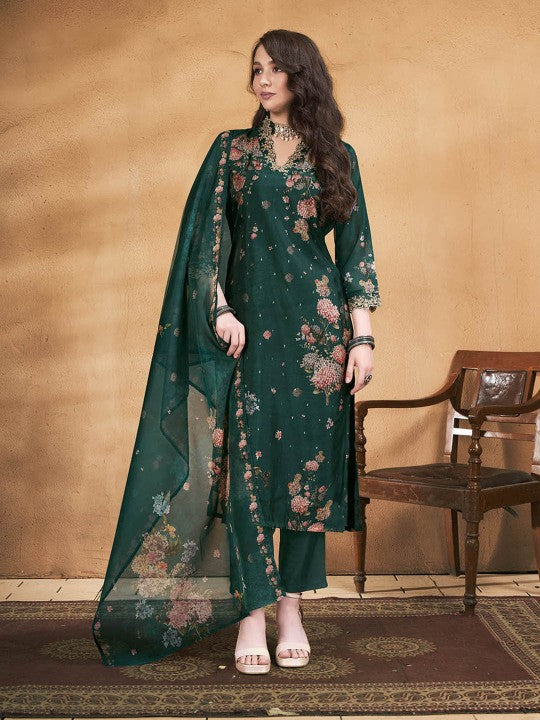 Dark Green Floral Printed Thread Work Straight Kurta with Trouser & Dupatta