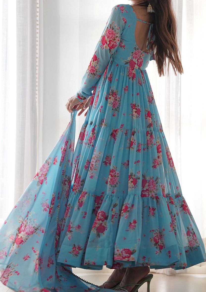 Floral Printed Anarkali Kurta with Trousers & Dupatta