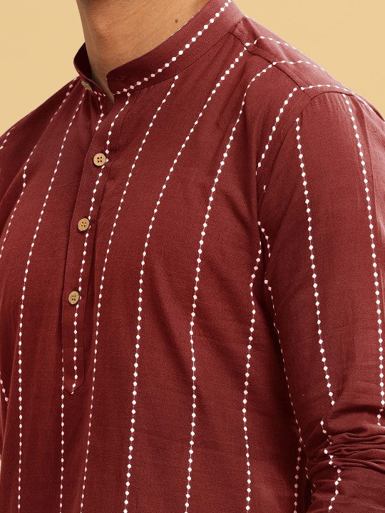 Maroon Striped Band Collar Straight Cotton Kurta